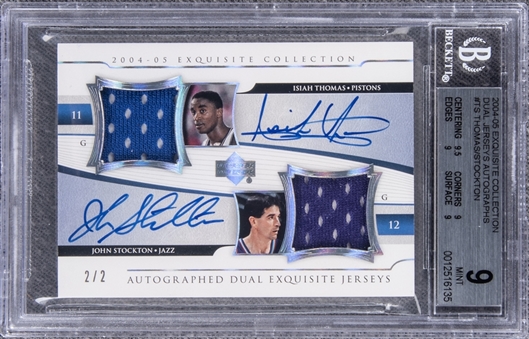2004-05 UD "Exquisite Collection" Dual Jerseys Autographs #TS Isiah Thomas/John Stockton Dual Signed Game Used Patch Card (#2/2) – BGS MINT 9/BGS 10 